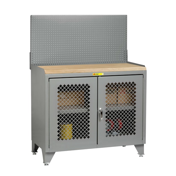 Bench Cabinet, 24" X 48", Perforated Doors, Butcher Block, Pegboard